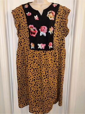 Kirundo Embroidered Floral Patch Animal Print Shift Dress - Black & Mustard